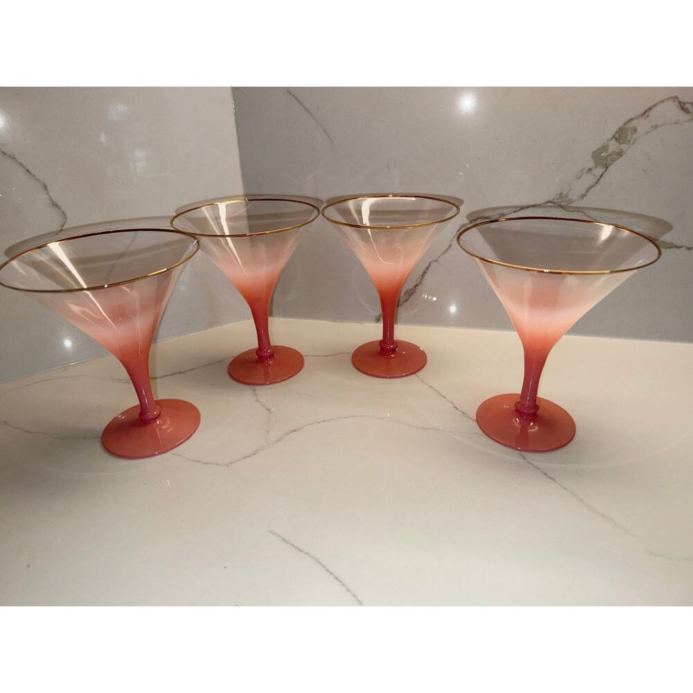 Set of 4 8 oz. Cocktail Glass Gold Color Rim in Frosted Pink MCM Creative Co-Op
